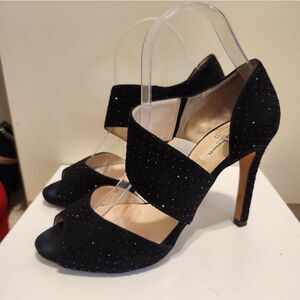 L.K. Bennett "Alondra" Black Suede Crystal Studded Heels Sz.7.5/38.5 Ret. $495